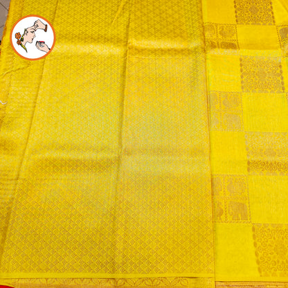 Lime Green checkered Elephant & peacock butta Borderless Tussar Silk Saree