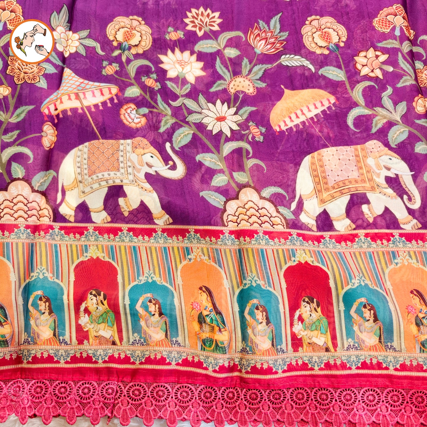 Purple Rajput painting motif Georgette Saree with lace border