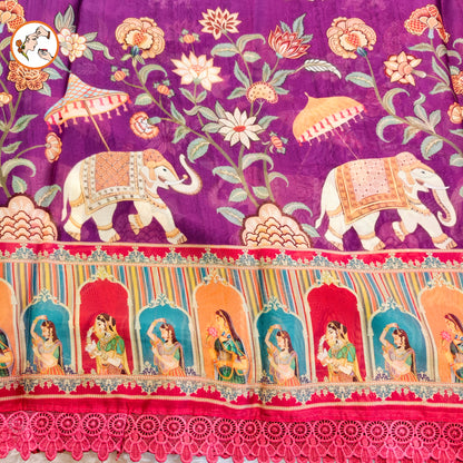 Purple Rajput painting motif Georgette Saree with lace border