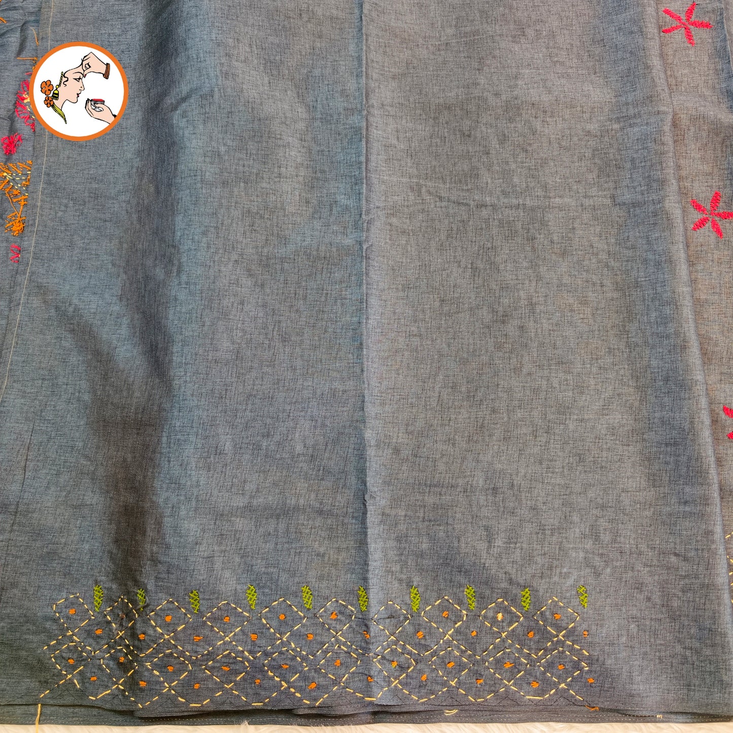 Grey colour Kantha Embroidary Tussar Silk Saree