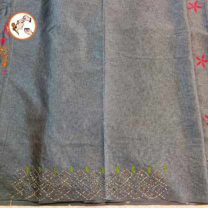 Grey colour Kantha Embroidary Tussar Silk Saree