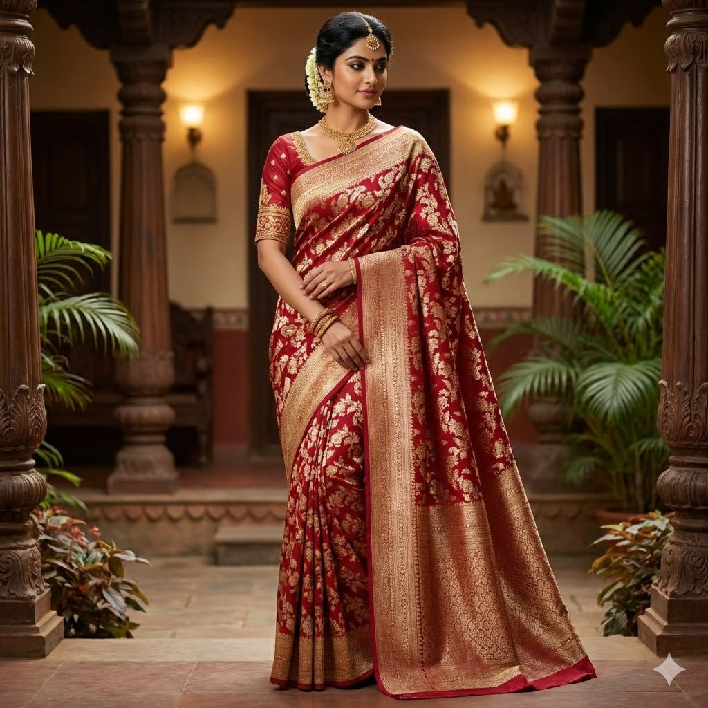Maroon Jaal design Classic Pure Banarasi Silk Saree(Light Weight)