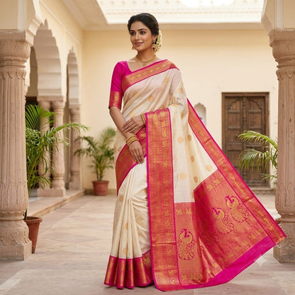 Off white with Dark Pink border Kanchipuram Semi Silk Saree
