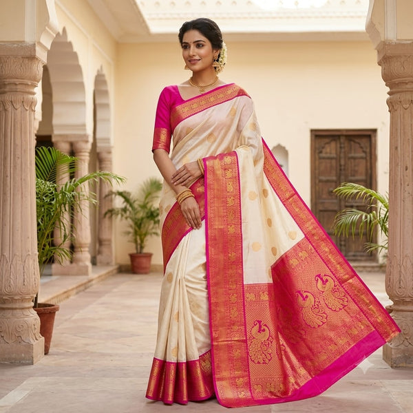 Off white with Dark Pink border Kanchipuram Semi Silk Saree