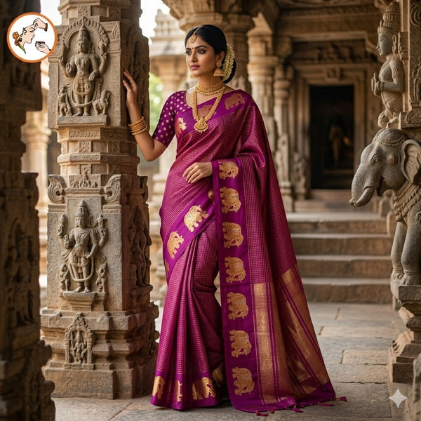 Purple classic Podi Kattam & Elephant border Viscose Soft Silk Saree