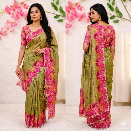 Parrot Green colour Floral theme Raw Silk Designer Saree with cutwork border
