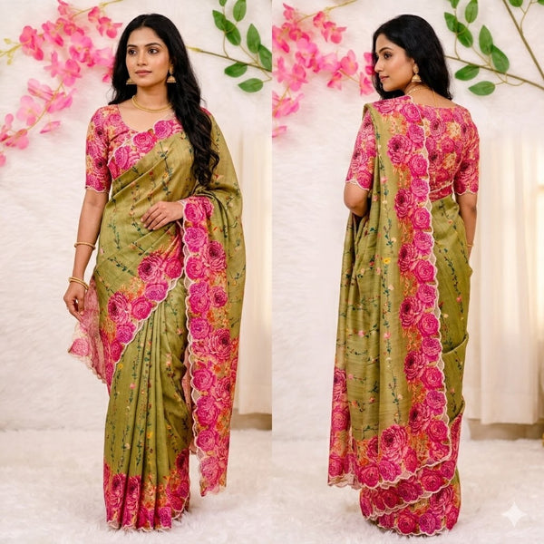 Parrot Green colour Floral theme Raw Silk Designer Saree with cutwork border