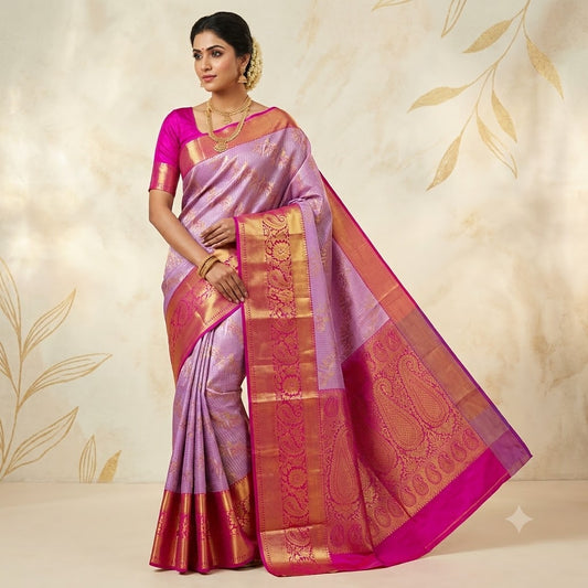 Lavender with Pink Purple border Podi Kattam Parrot butta Kanchipuram Mix Silk Saree