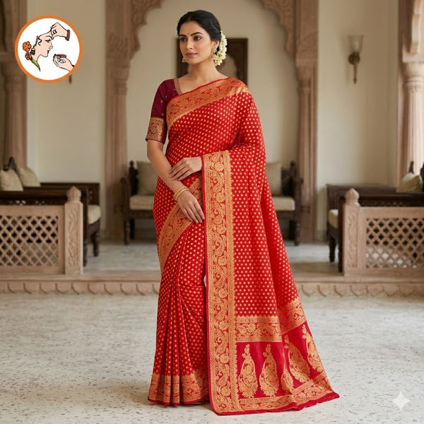 Red Pure Banarasi Georgette Partywear Saree