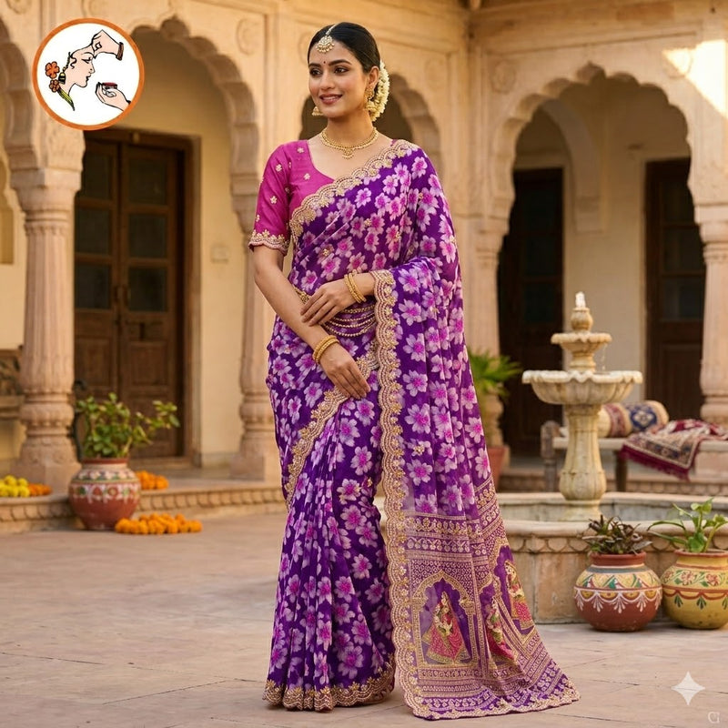 Purple Floral Georgette Saree with cut work border & contrast blouse