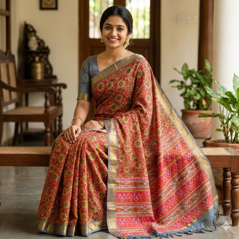 Red with Grey Floral Bhagal puri Cotton Casual Saree