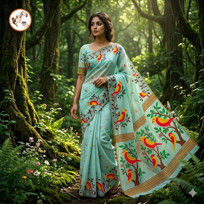 Blue sparrow theme Cotton Casual Saree