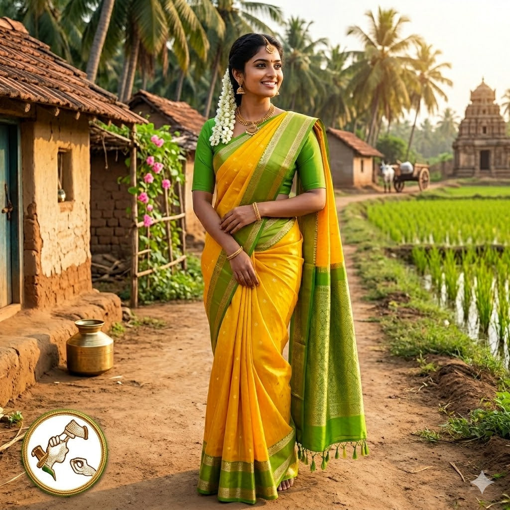 Yellow with Parrot Green Raindrop design Retta Petta border Semi Soft Silk Saree