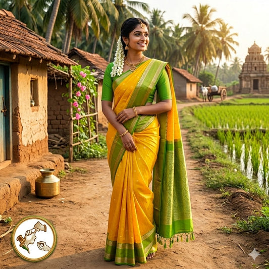 Yellow with Parrot Green Raindrop design Retta Petta border Semi Soft Silk Saree