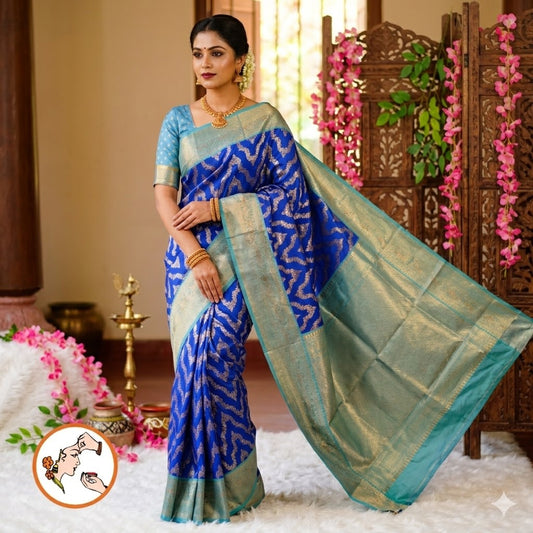 Royal Blue with Sky Blue Wave pattern Fancy Semi Silk Saree