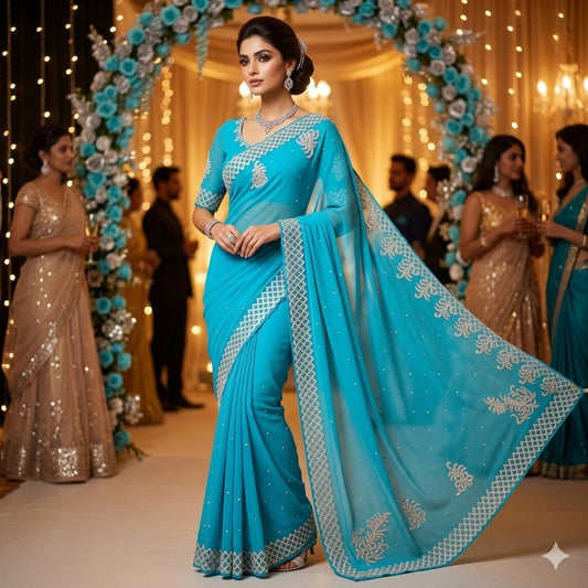 Ice Blue Cutwork design Partywear Organza Saree