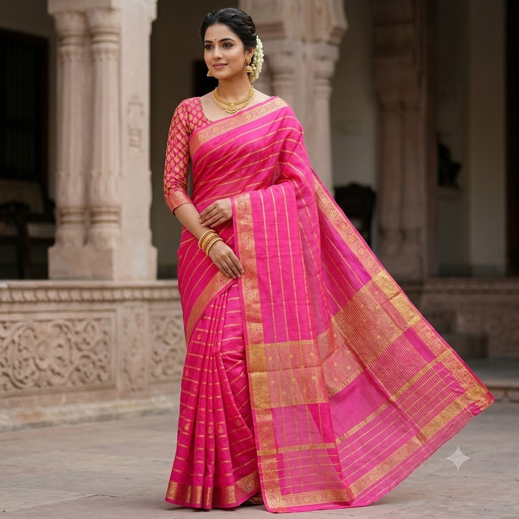 Lotus Pink Traditional Vairoosi Soft Viscose Fancy Silk Saree with Gold zari stripes