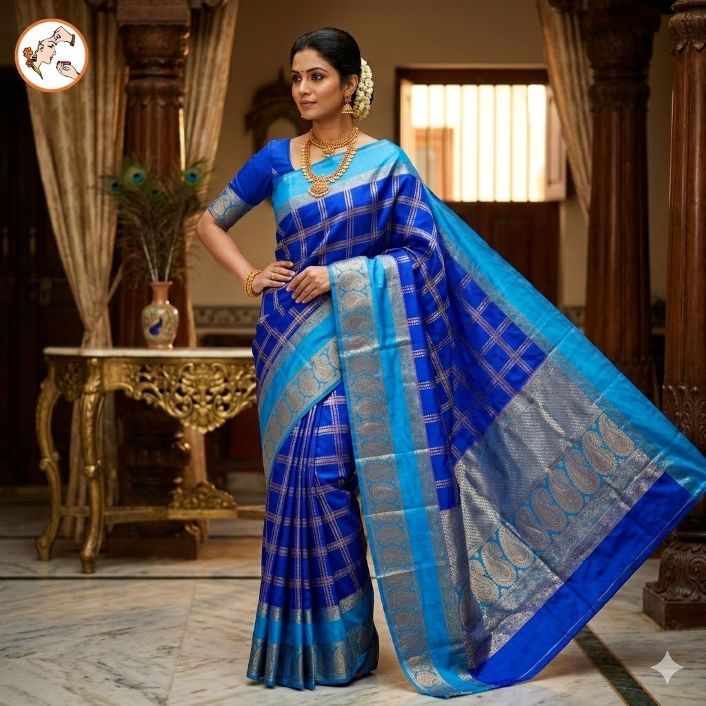 Royal Blue with Sky Blue Royal Mango border Mysore Silk Saree