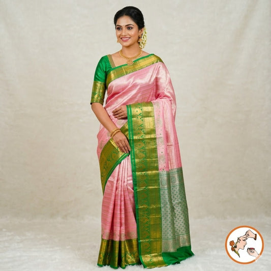 Soft Lotus Pink with Green border Kanchipuram Tissue Silk Saree