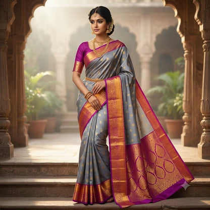 Grey with Purple Kanchipuram Mix Silk Saree