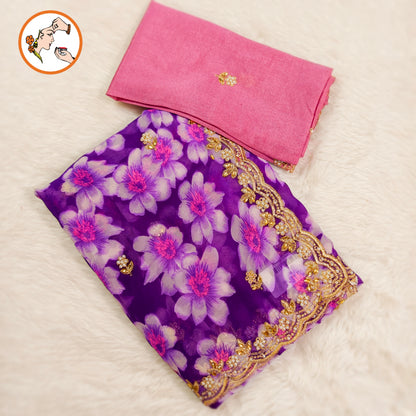Purple Floral Georgette Saree with cut work border & contrast blouse