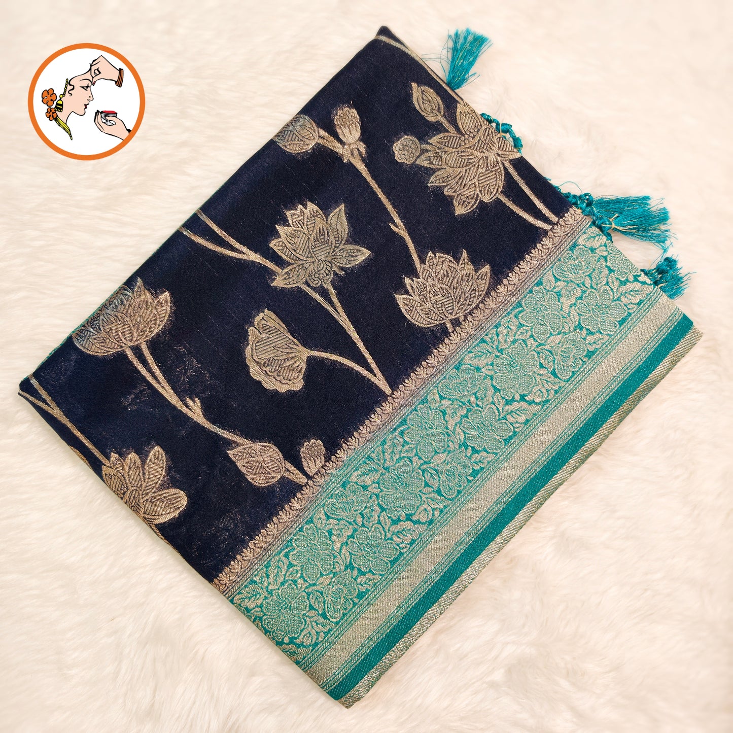 Dark Blue with Sky Blue border Jaal design Banarasi Silk Saree (Light weight)