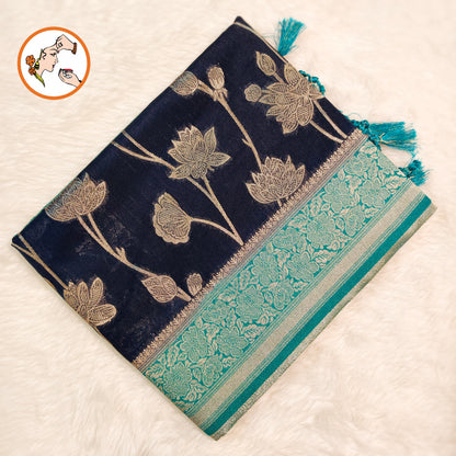 Dark Blue with Sky Blue border Jaal design Banarasi Silk Saree (Light weight)