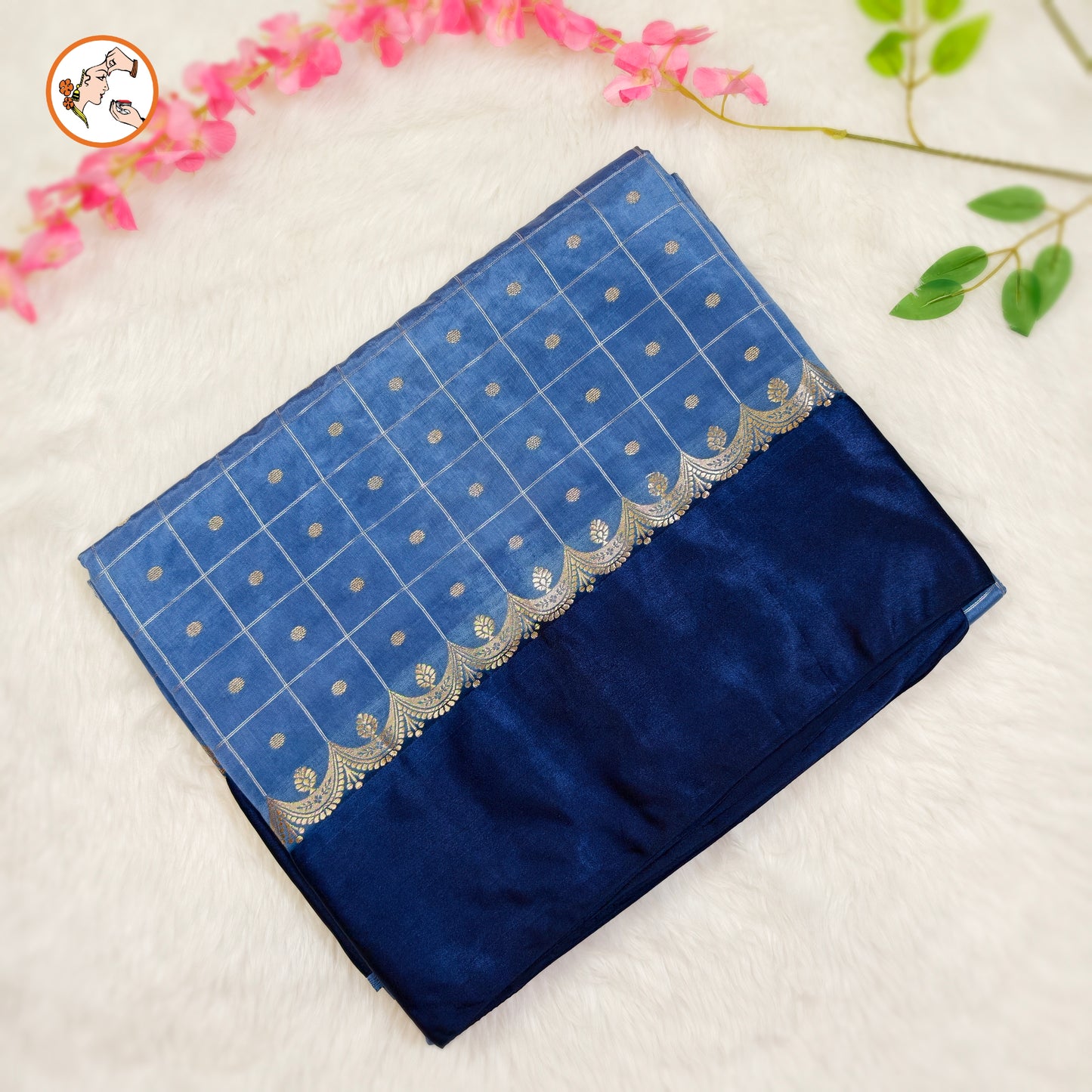 Denim Blue Traditional checks Fancy Silk Saree with Ink Blue Satin border