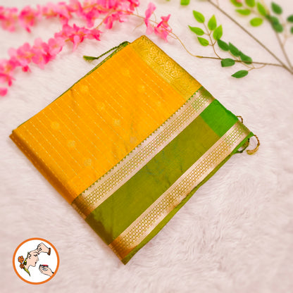 Yellow with Parrot Green Raindrop design Retta Petta border Semi Soft Silk Saree