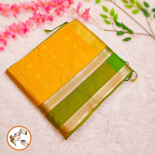 Yellow with Parrot Green Raindrop design Retta Petta border Semi Soft Silk Saree