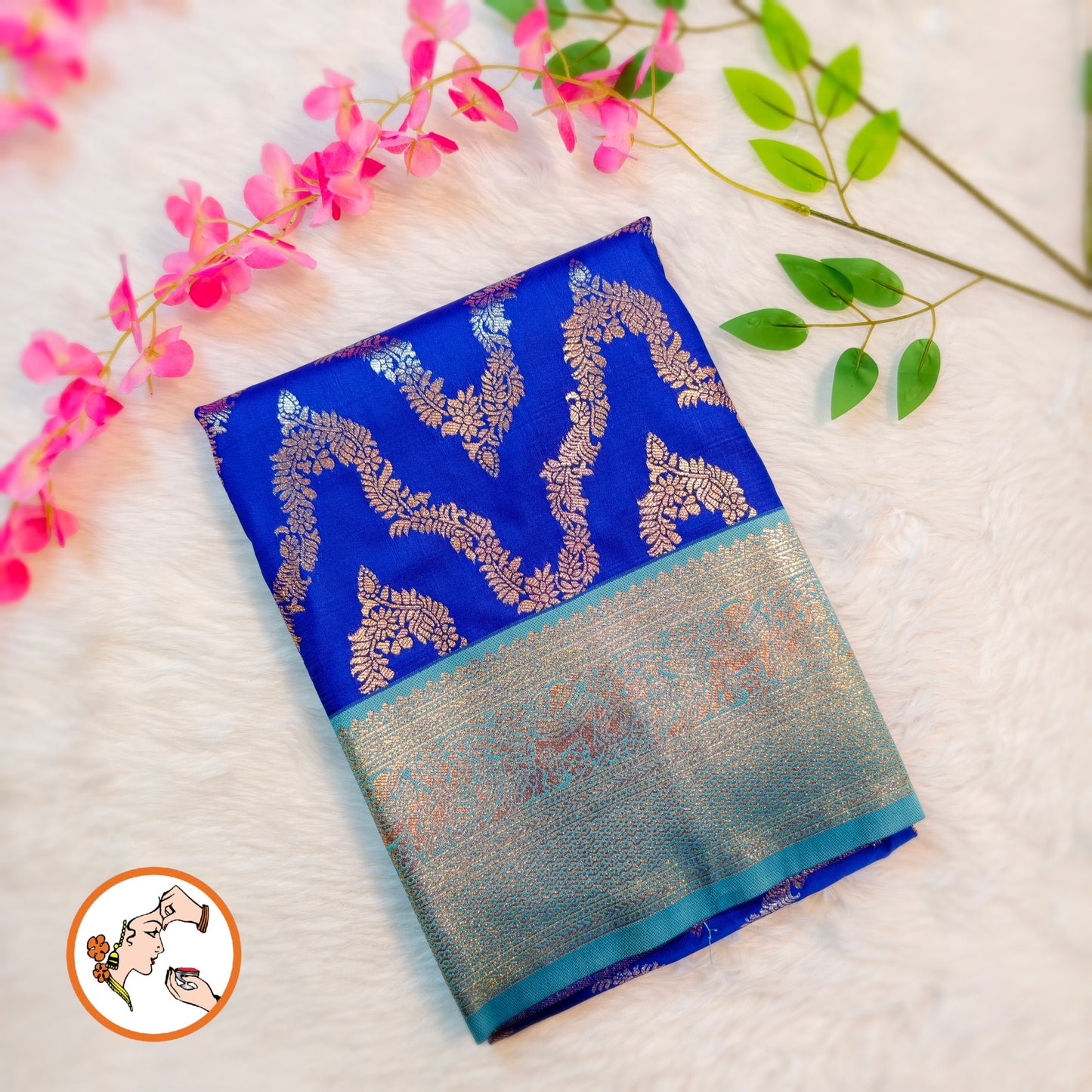 Royal Blue with Sky Blue Wave pattern Fancy Semi Silk Saree