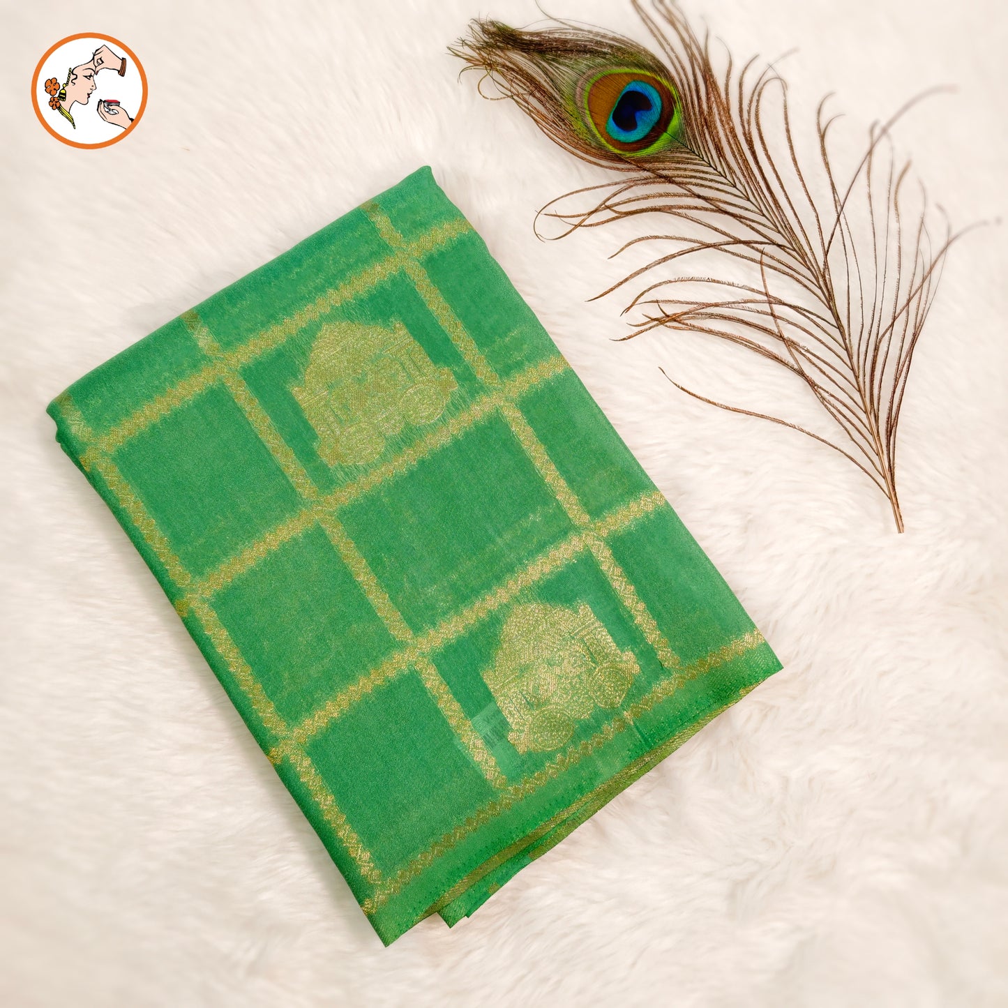 Sea Green borderless Chariot butta Vintage checks Georgette Silk Saree