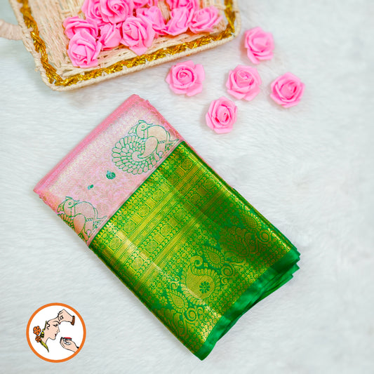 Soft Lotus Pink with Green border Kanchipuram Tissue Silk Saree