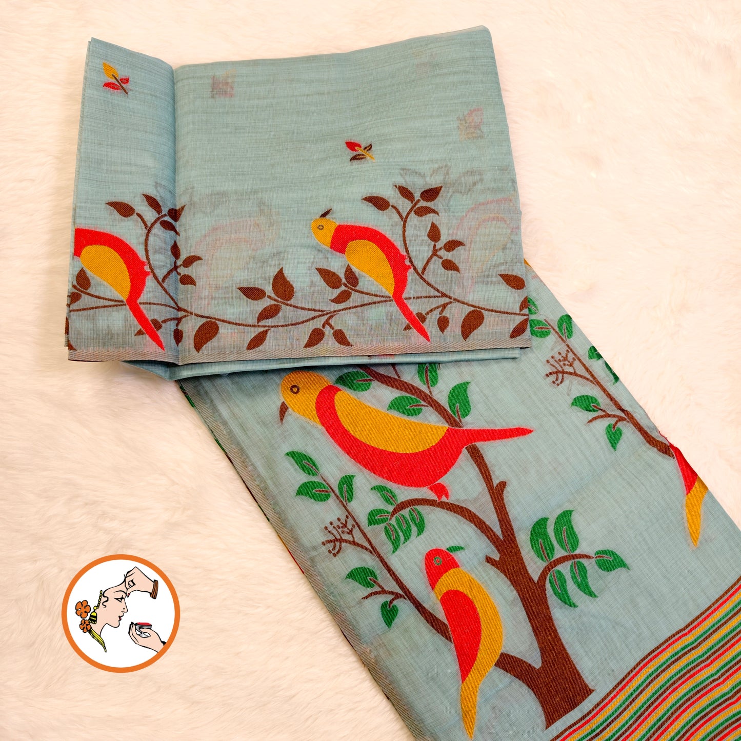 Blue sparrow theme Cotton Casual Saree