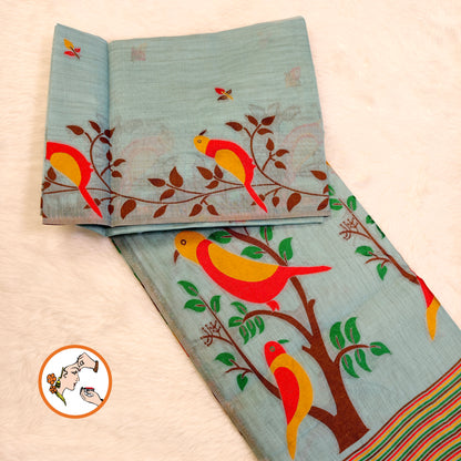 Blue sparrow theme Cotton Casual Saree
