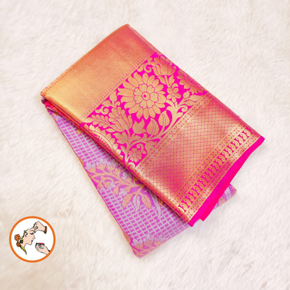 Lavender with Pink Purple border Podi Kattam Parrot butta Kanchipuram Mix Silk Saree