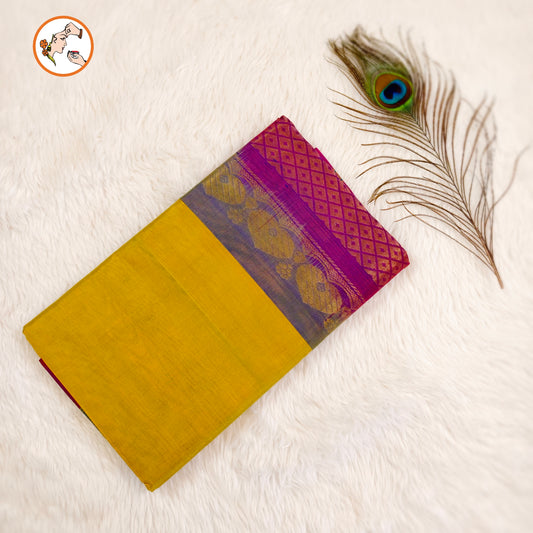 Mehendi Green Traditional Pure Silk Cotton Saree with Purple temple border