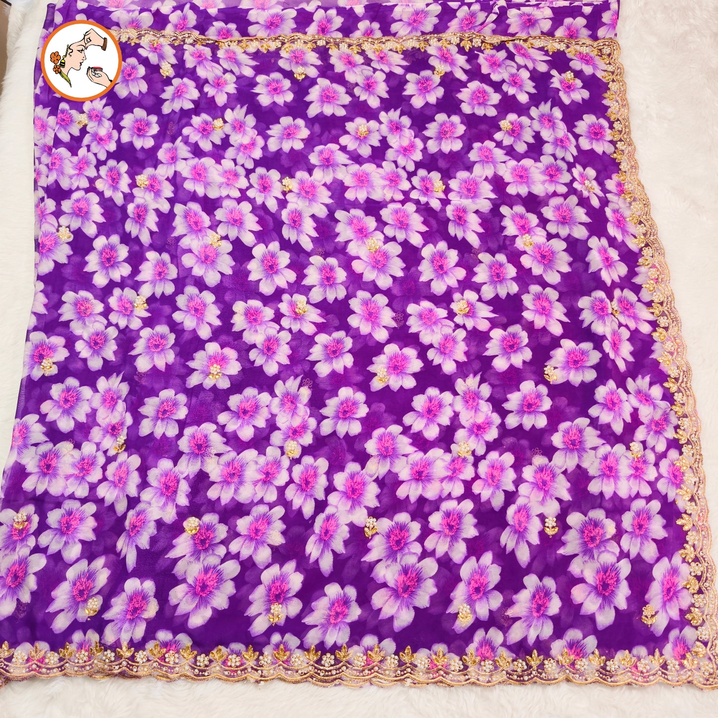Purple Floral Georgette Saree with cut work border & contrast blouse