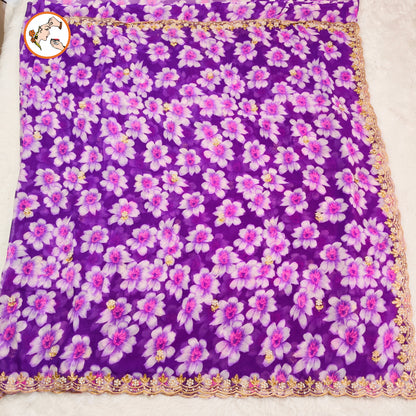 Purple Floral Georgette Saree with cut work border & contrast blouse