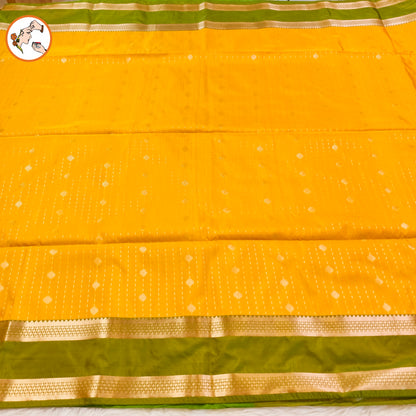 Yellow with Parrot Green Raindrop design Retta Petta border Semi Soft Silk Saree
