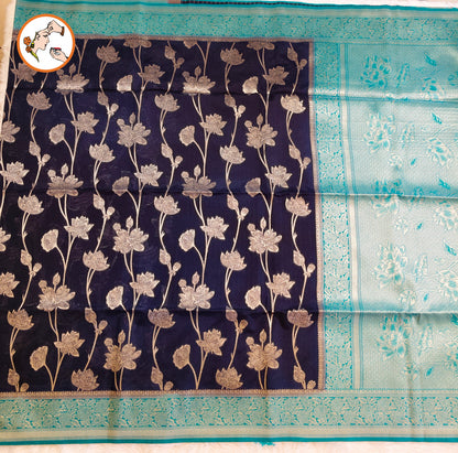 Dark Blue with Sky Blue border Jaal design Banarasi Silk Saree (Light weight)