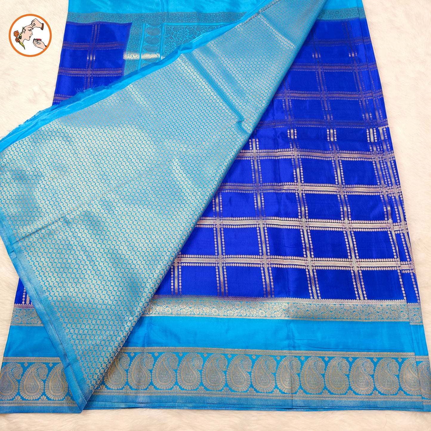 Royal Blue with Sky Blue Royal Mango border Mysore Silk Saree