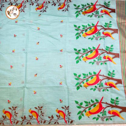 Blue sparrow theme Cotton Casual Saree