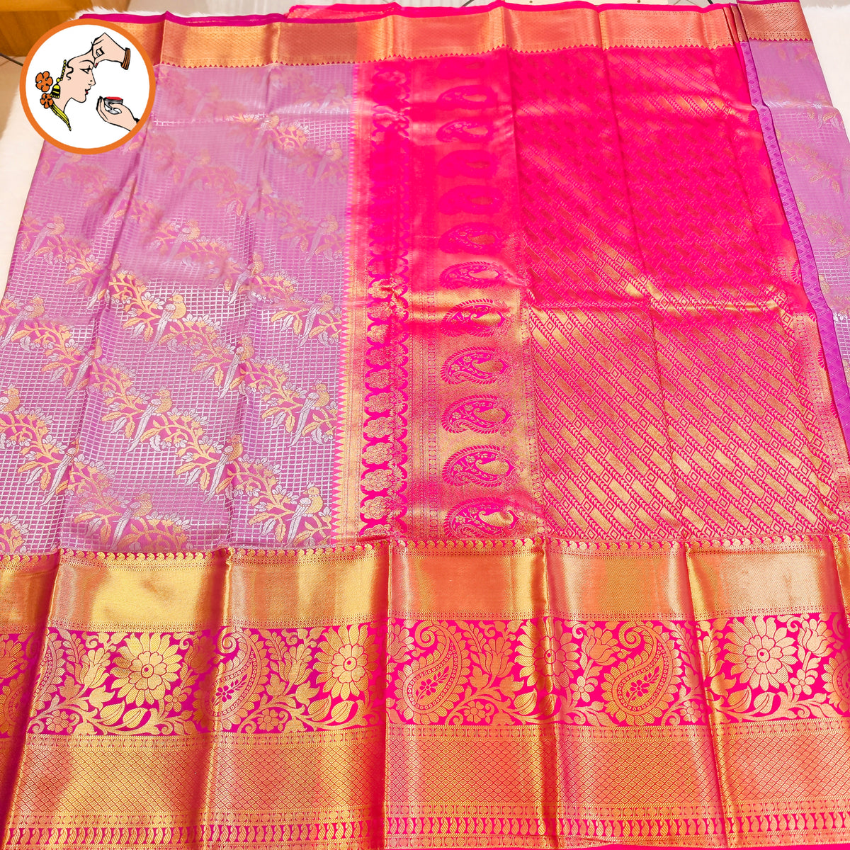 Lavender with Pink Purple border Podi Kattam Parrot butta Kanchipuram Mix Silk Saree