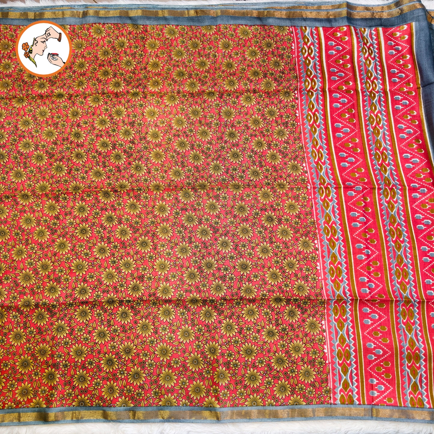 Red with Grey Floral Bhagal puri Cotton Casual Saree