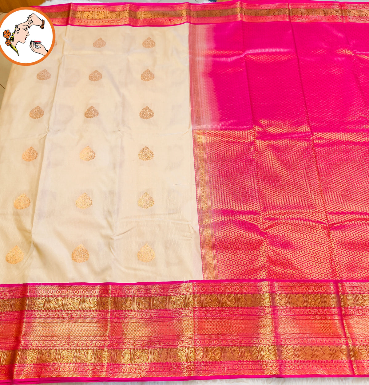 Off white with Dark Pink border Kanchipuram Semi Silk Saree