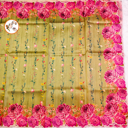 Parrot Green colour Floral theme Raw Silk Designer Saree with cutwork border