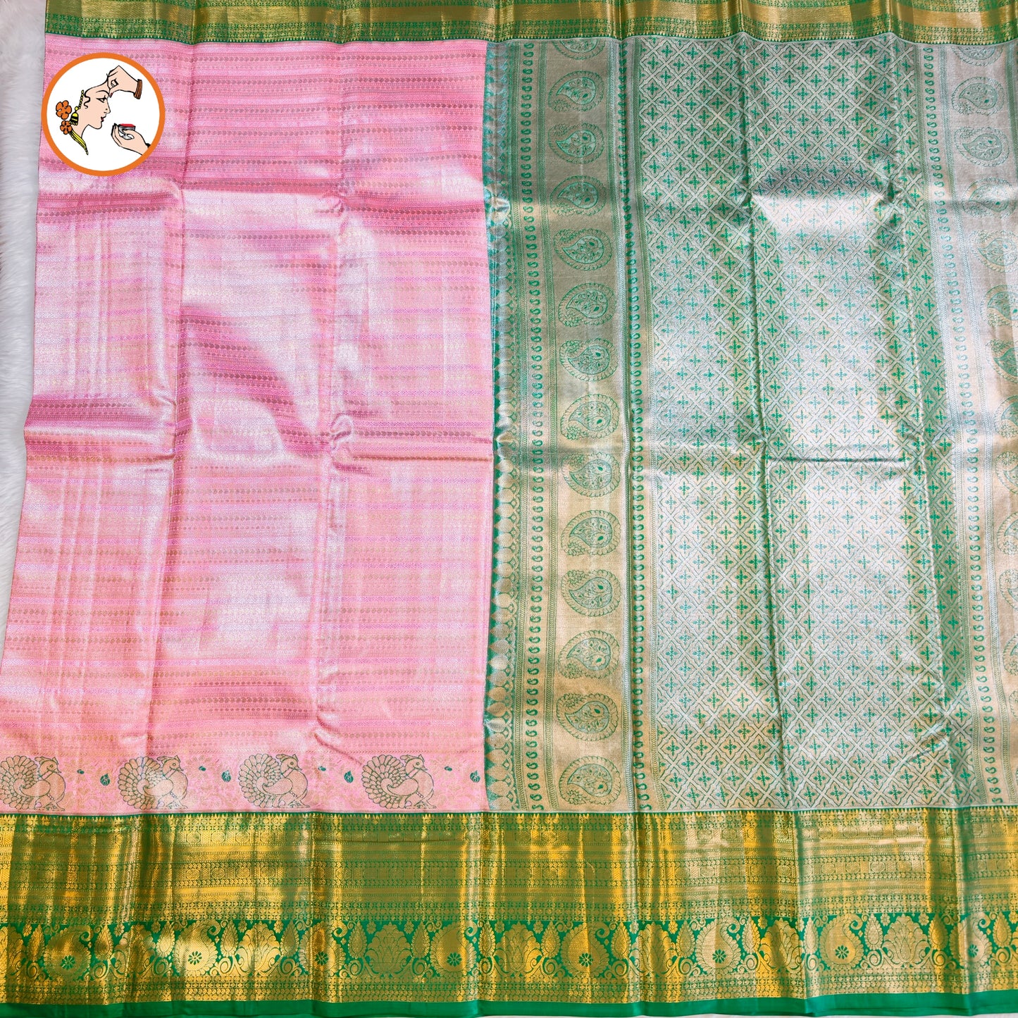 Soft Lotus Pink with Green border Kanchipuram Tissue Silk Saree