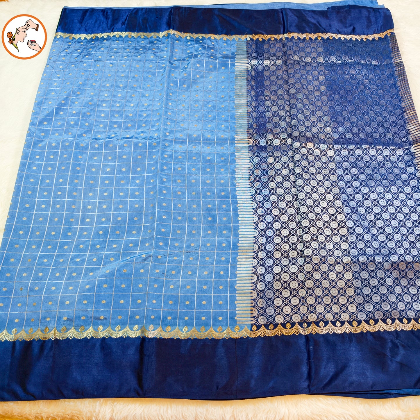 Denim Blue Traditional checks Fancy Silk Saree with Ink Blue Satin border