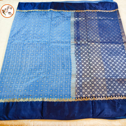 Denim Blue Traditional checks Fancy Silk Saree with Ink Blue Satin border